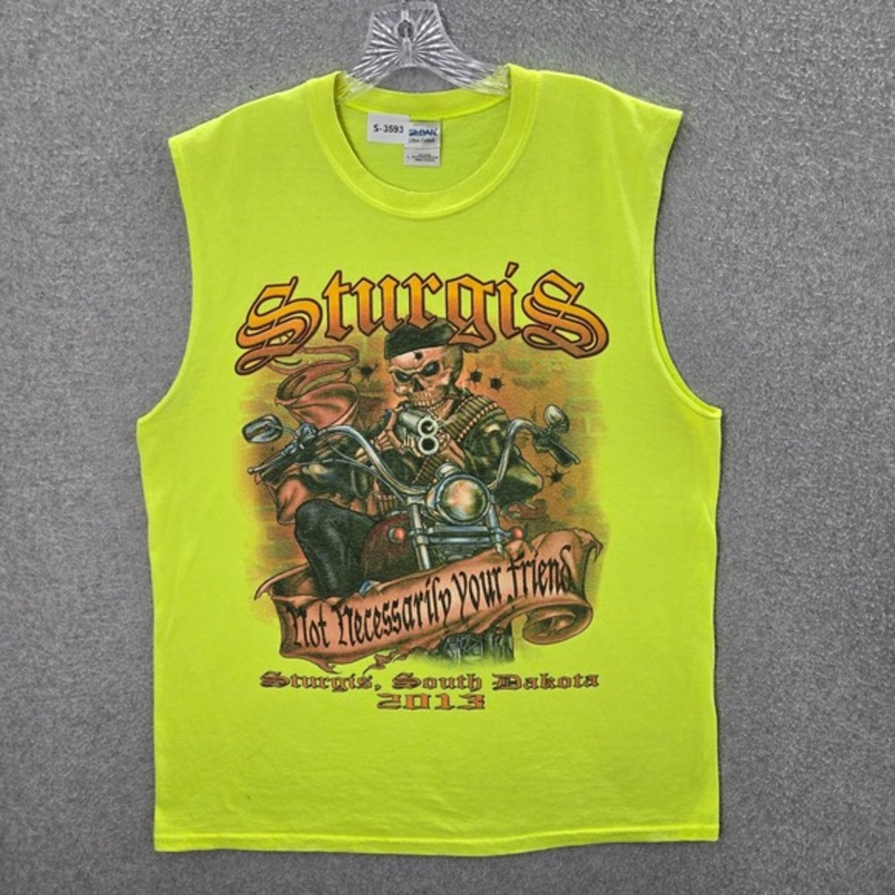 Y2K Rider Men Shirt Large Yellow Neon Cut Off‎ Tee Sturgi South Dakota 2013